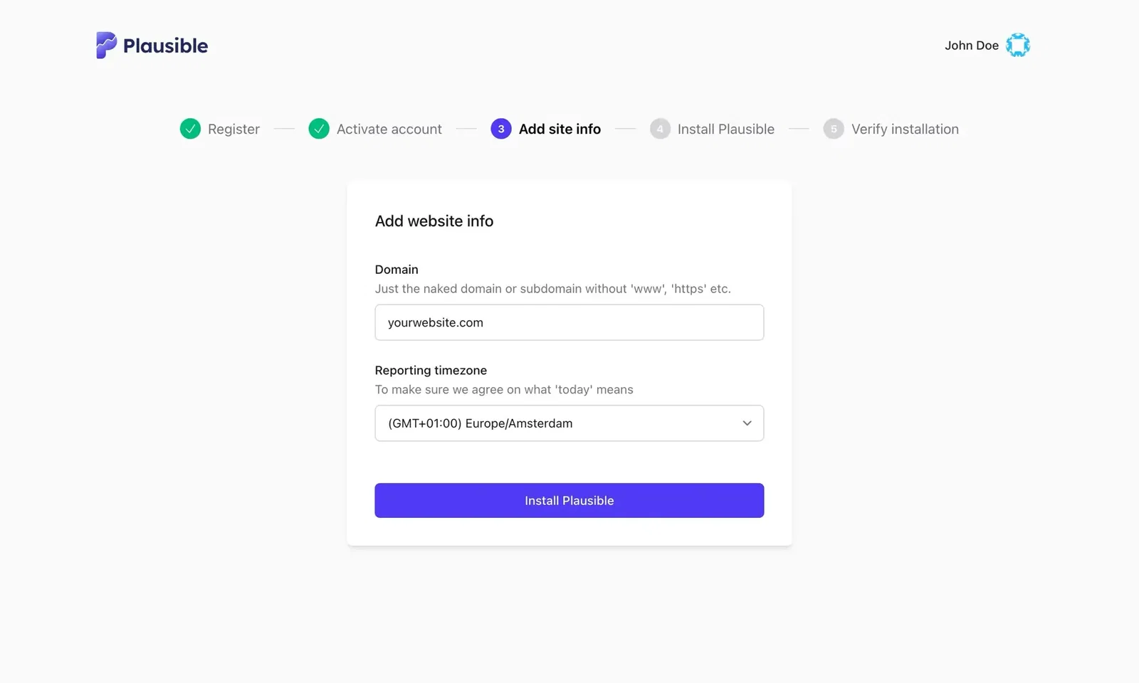 Add your website details to Plausible Analytics